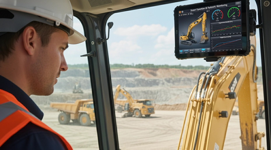 MDT1065 rugged vehicle tablet mounted in excavator cab with anti-vibration bracket and sunlight-readable display