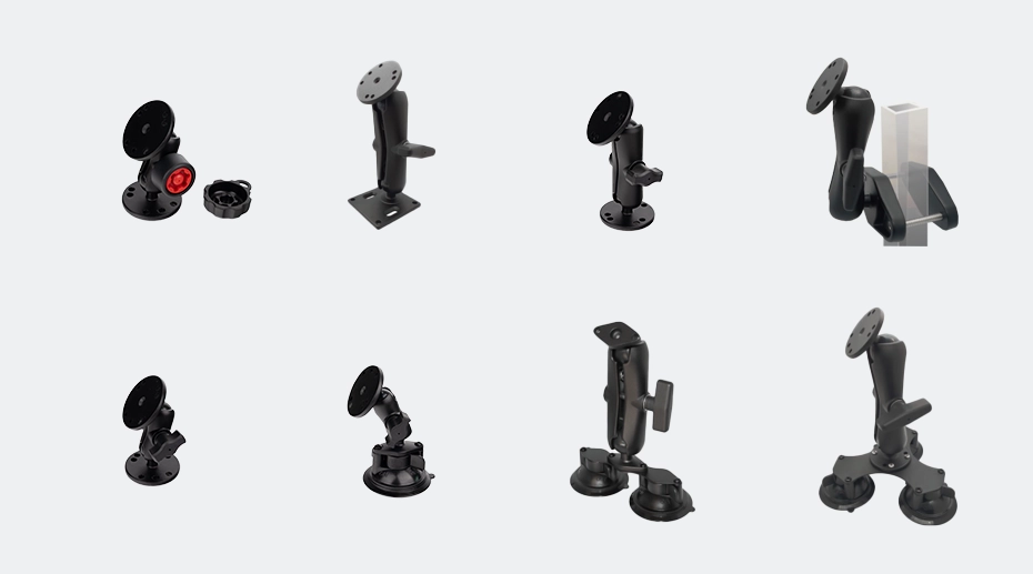 Vehicle tablet mounting methods comparison — RAM mount docking station for moderate vibration, short stiff bracket for high vibration, and fixed-mount Panel PC with aviation connectors for extreme vibration environments