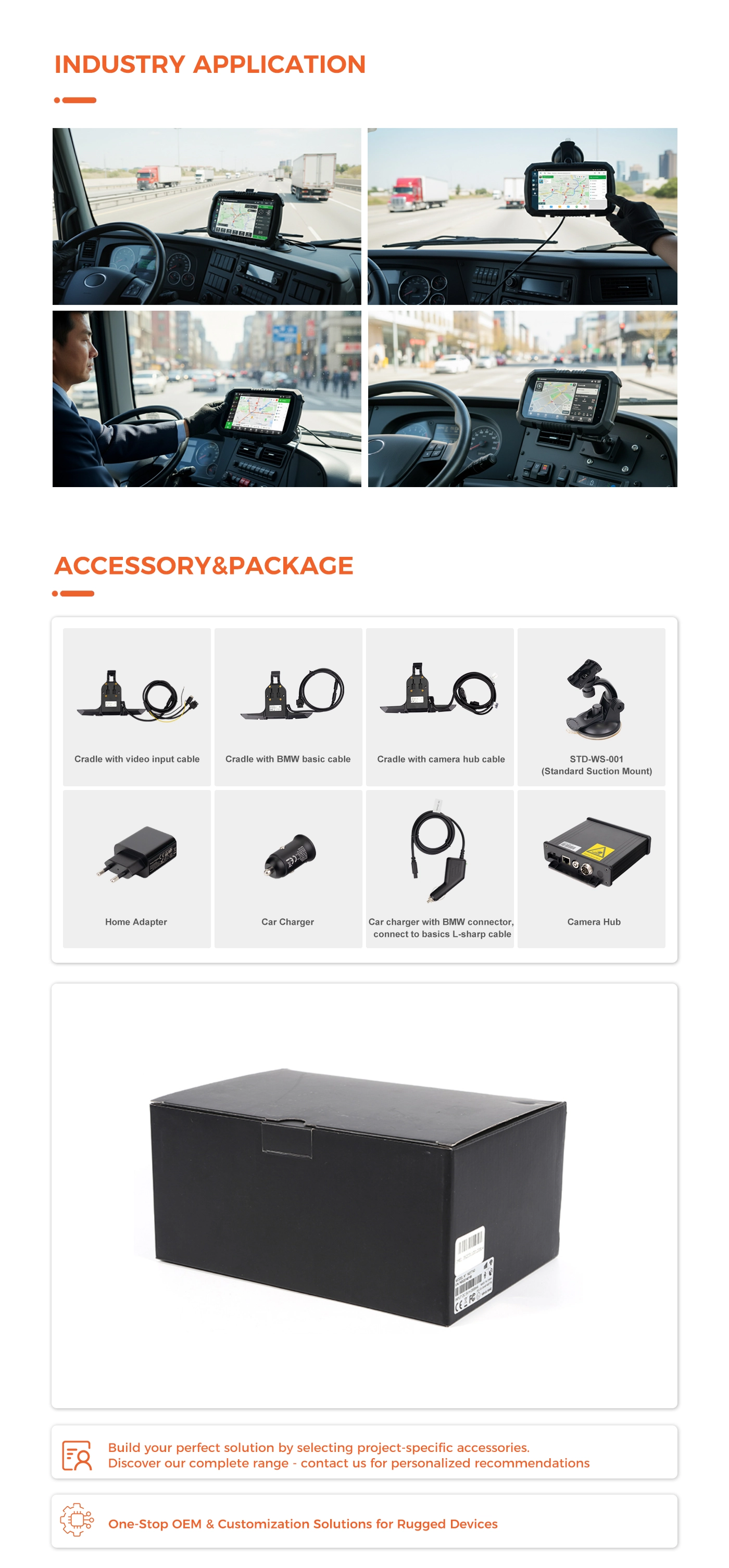 MDT765 accessories including vehicle cradle, mounting brackets, and power harnesses for bus and truck installation