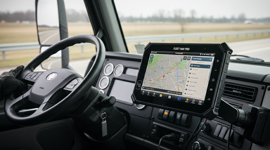 Rugged in-cab tablet installed in truck dashboard for fleet management