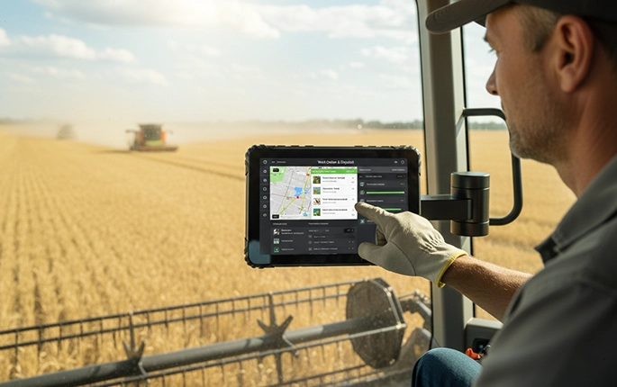 Rugged Android tablet used for agricultural machinery monitoring and field data collection