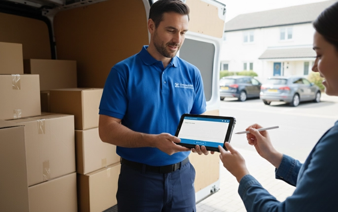 Last-mile delivery driver using rugged tablet for package tracking and proof of delivery at customer door Last-mile delivery driver using rugged tablet for package tracking and proof of delivery at customer door