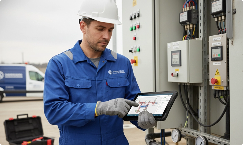 Field service technician using rugged tablet for real-time maintenance and inspection