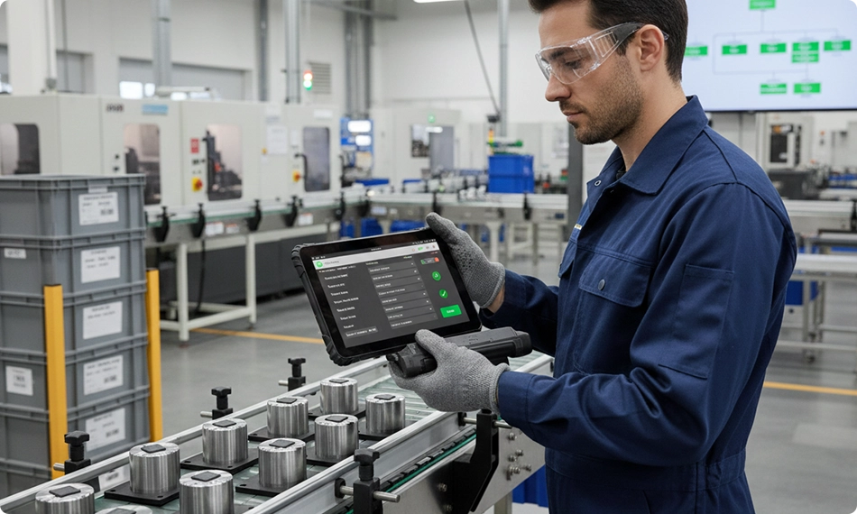 Rugged Android tablet used on a manufacturing shop floor for machine monitoring and process inspection