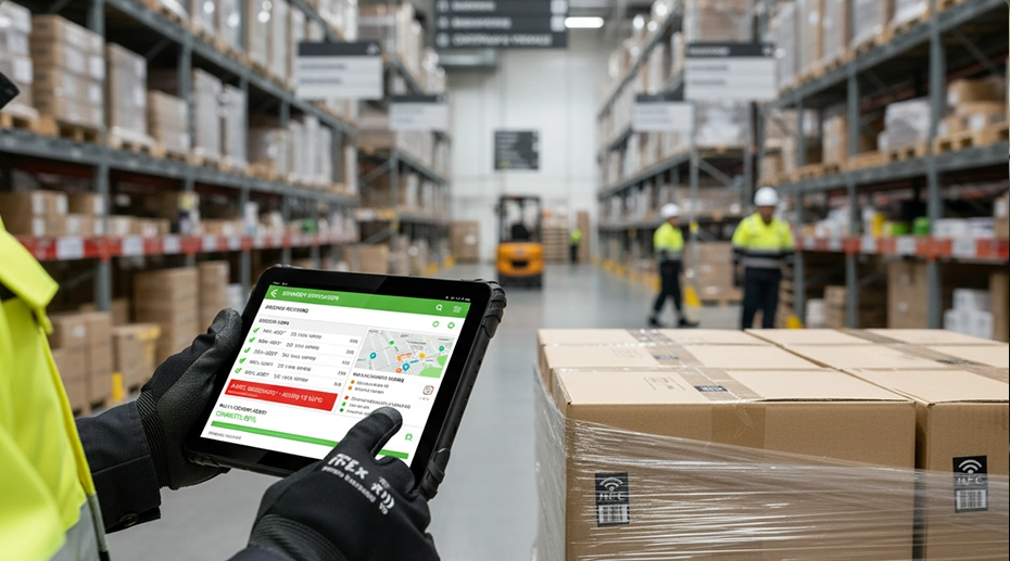 Integrated barcode scanner on a rugged handheld device MDT665 for parcel tracking and inventory management.
