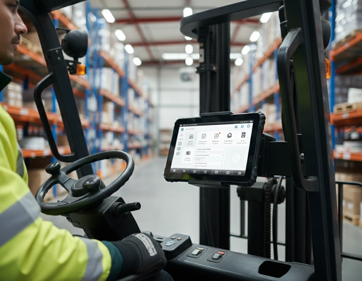 Forklift operator using rugged tablet in warehouse environment with vibration-resistant mounting