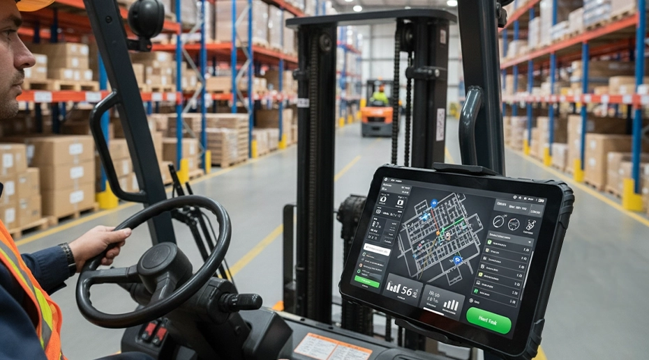 Rugged forklift tablet mounted on warehouse vehicle for WMS integration and real-time operations