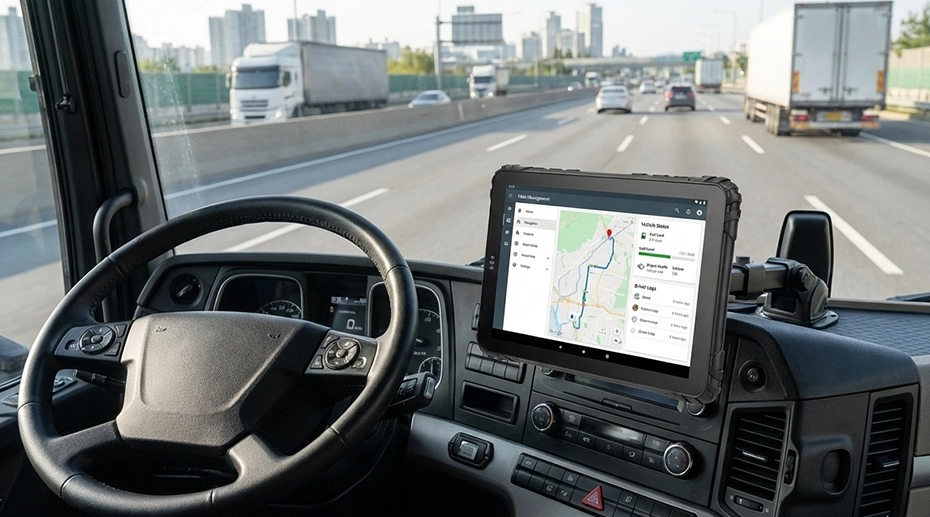 Rugged tablet used in a truck fleet for vehicle-mounted mobile data terminal operations
