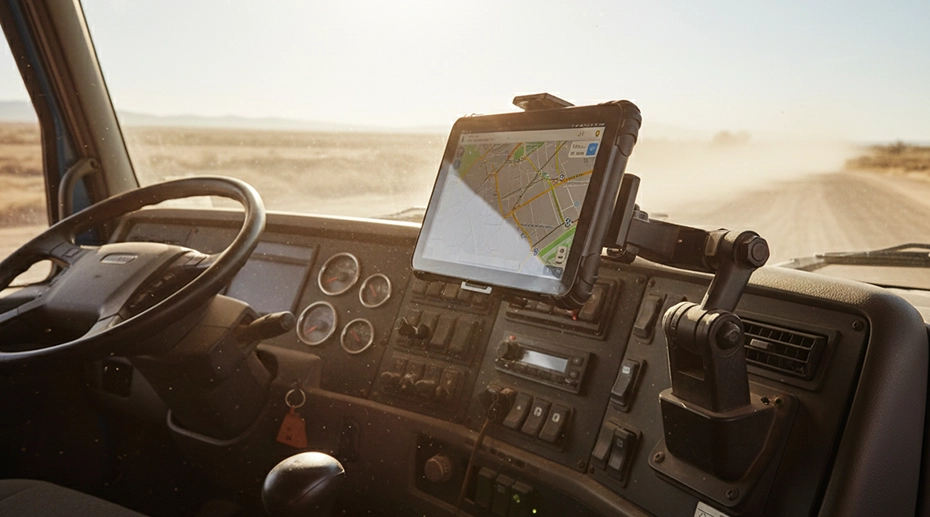 Vehicle-mounted tablet for fleet management with sunlight-readable display and rugged design