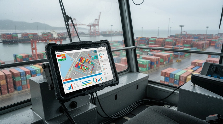 Rugged waterproof tablet used in port logistics and container handling operations Rugged waterproof tablet used in port logistics and container handling operations
