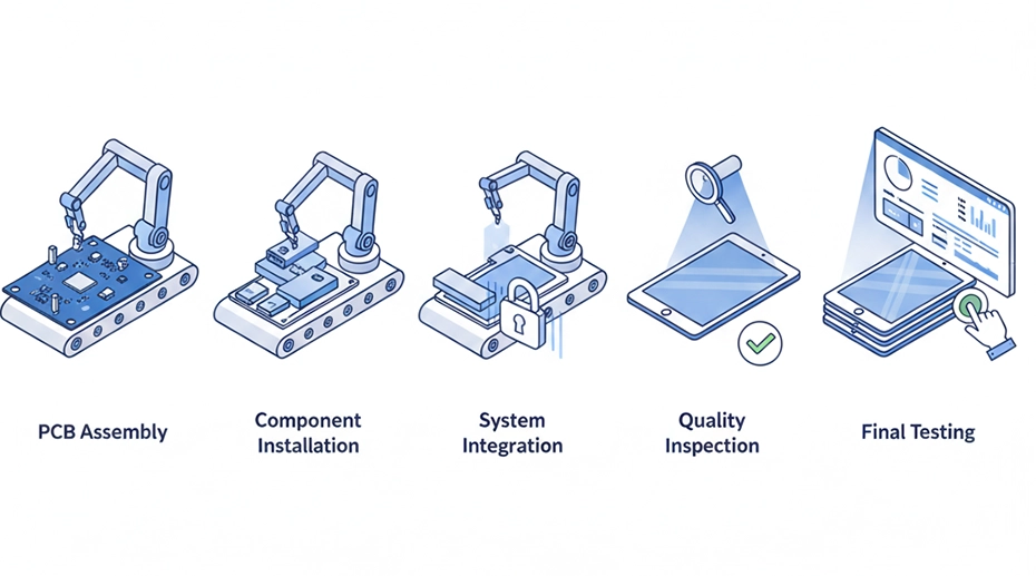 Step-by-step assembly line of rugged tablets, showing component installation and testing