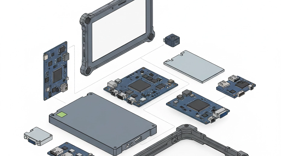 Industrial tablet with specialized ports and rugged design features being assembled by engineers