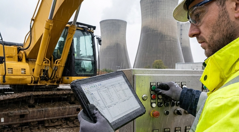 construction worker using rugged tablet on job site with gloves in dusty outdoor environment construction worker using rugged tablet on job site with gloves in dusty outdoor environment
