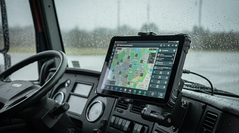 Fleet dispatch tablet showing real-time driver tracking