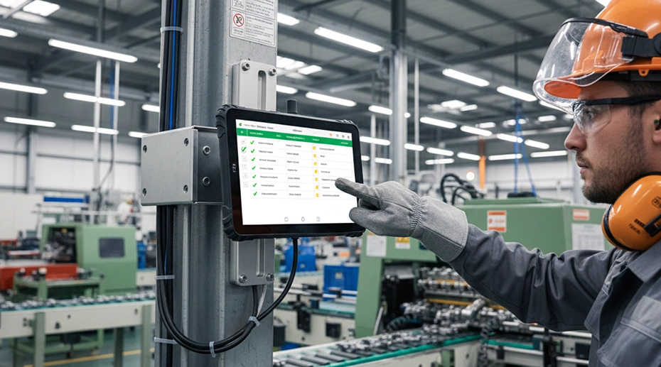 Rugged tablets used on a manufacturing production line for factory operations Rugged tablets used on a manufacturing production line for factory operations
