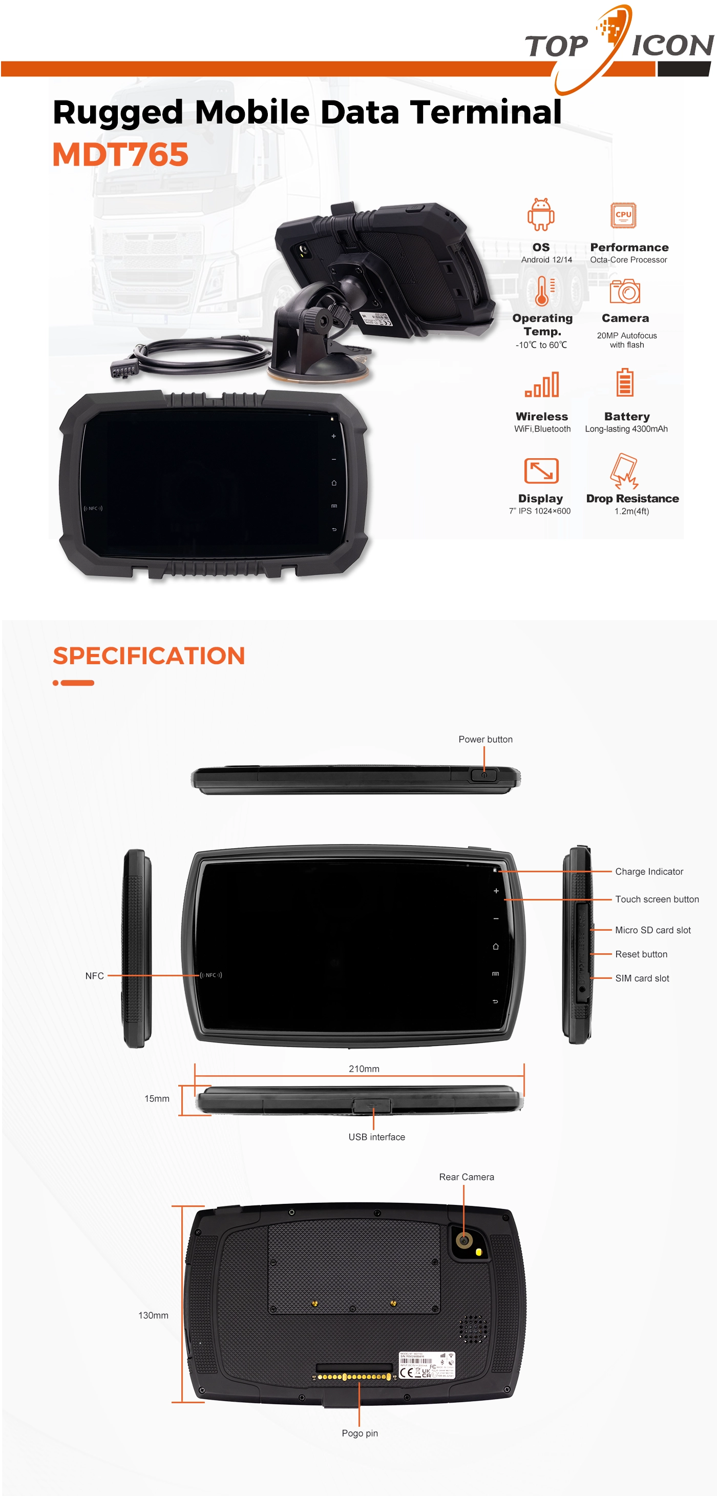MDT765 7-inch rugged mobile data terminal for bus and truck fleet operations with vehicle docking cradle