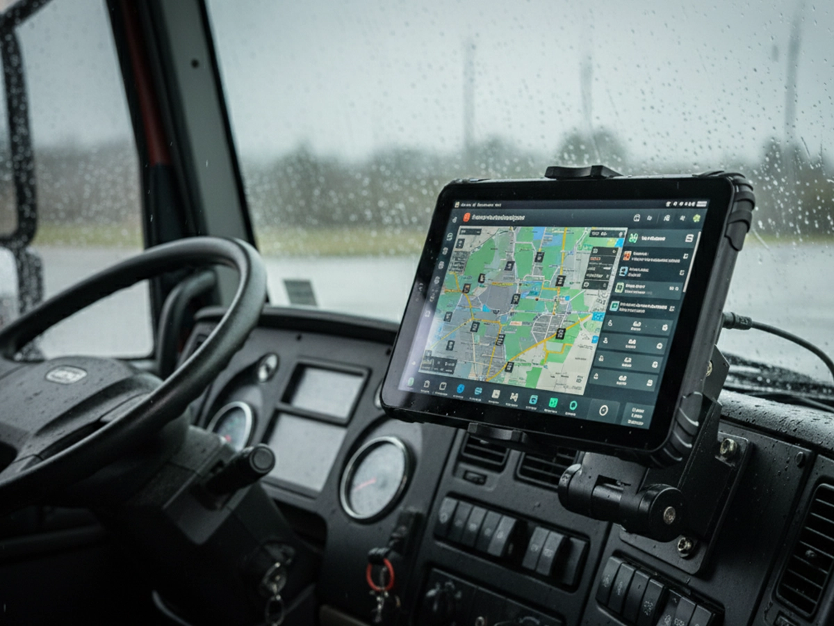 ELD-ready rugged tablet mounted in truck cabin