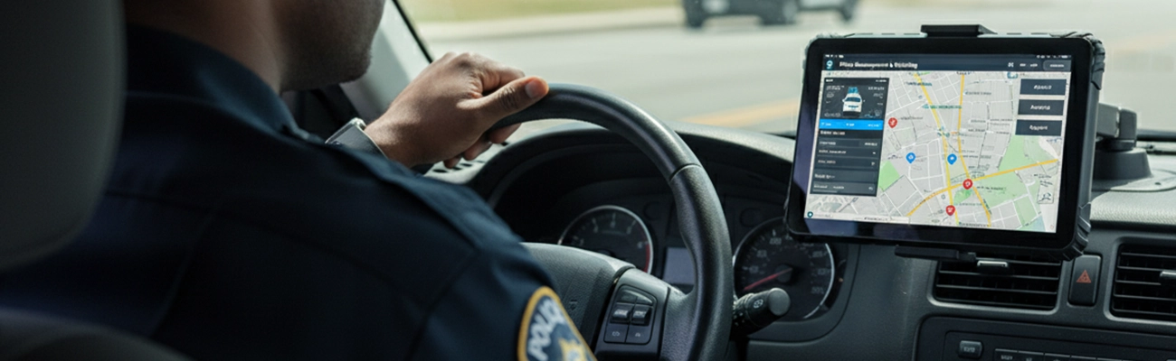 Mobile Data Terminal MDT installed in police vehicle for dispatch communication and real-time data access