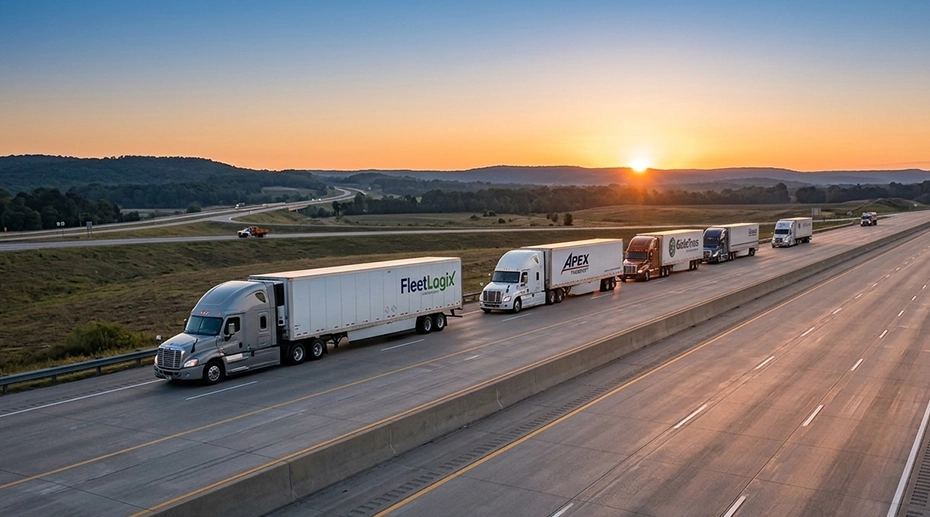 Commercial truck fleet driving on highway representing ELD compliance and fleet management