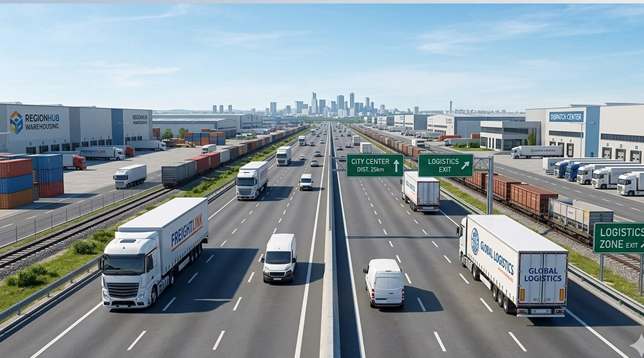 Freight trucks on logistics highway representing transportation operations and fleet tracking