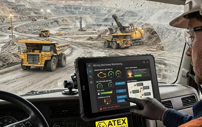 Vehicle diagnostics displayed on rugged in-vehicle tablet showing engine fault codes and performance data