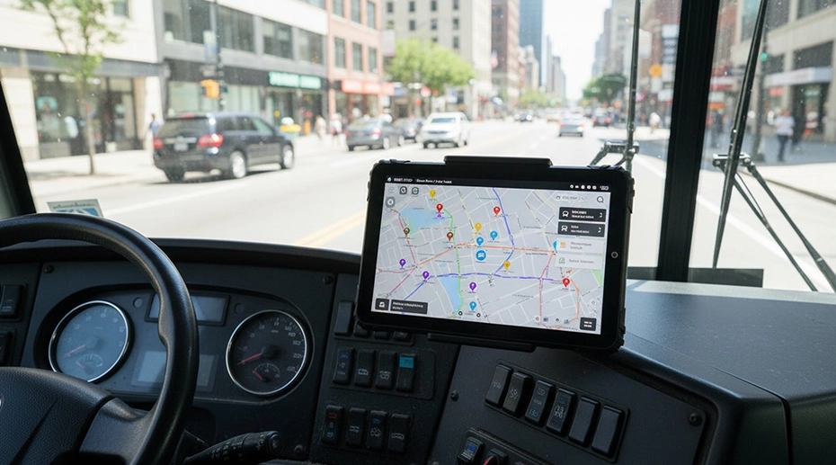 GPS tracking tablet mounted on vehicle dashboard showing real-time fleet location data and route navigation for fleet management GPS tracking tablet mounted on vehicle dashboard showing real-time fleet location data and route navigation for fleet management