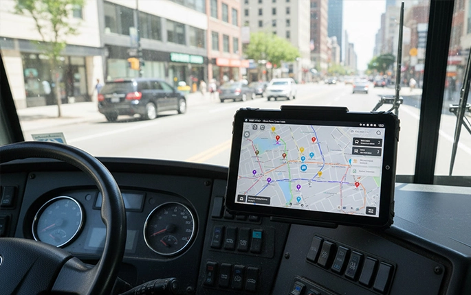 Bus mounted tablet for passenger information and fleet tracking Bus mounted tablet for passenger information and fleet tracking