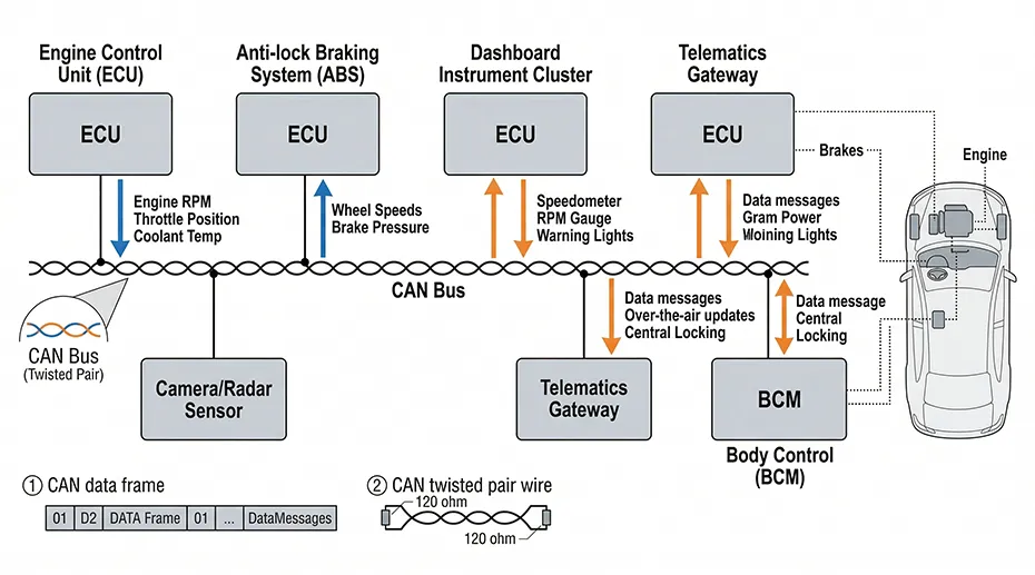 CAN Bus vehicle network diagram showing multiple ECU connections CAN Bus vehicle network diagram showing multiple ECU connections