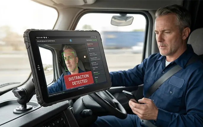 Driver behavior analytics dashboard on fleet tablet showing speeding, braking, and acceleration patterns