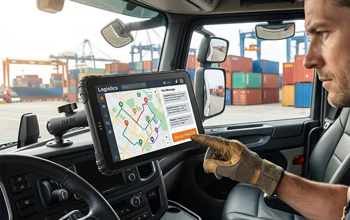 Logistics management software on rugged tablet displaying route planning and cargo tracking for transportation fleet
