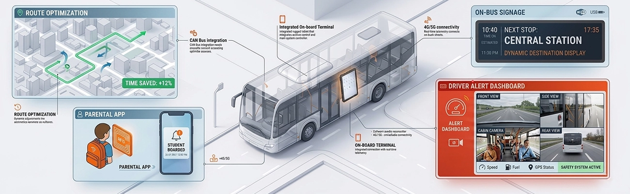 Bus tablet use cases: fleet management GPS tracking, school bus RFID check-in, passenger information system display, and onboard video monitoring for transit safety Bus tablet use cases: fleet management GPS tracking, school bus RFID check-in, passenger information system display, and onboard video monitoring for transit safety