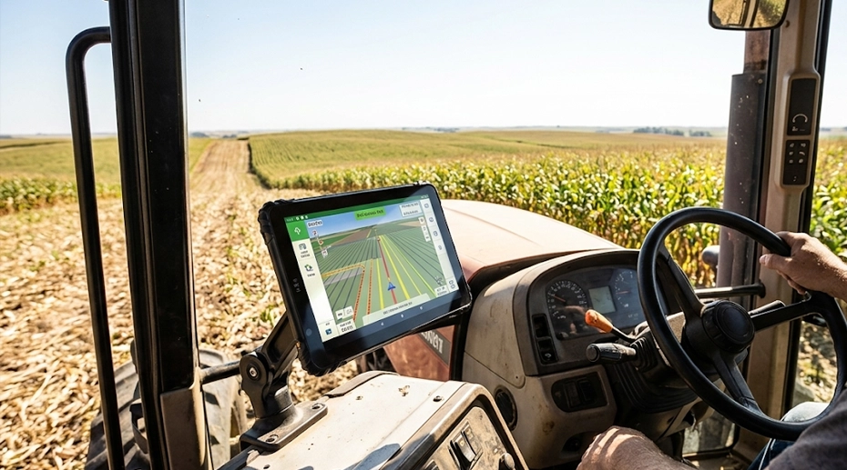 Tractor cab mounted rugged tablet with 1000-nit sunlight readable display showing GPS guidance map in bright midday sun — clear, glare-free, and fully visible despite intense outdoor sunlight Tractor cab mounted rugged tablet with 1000-nit sunlight readable display showing GPS guidance map in bright midday sun — clear, glare-free, and fully visible despite intense outdoor sunlight
