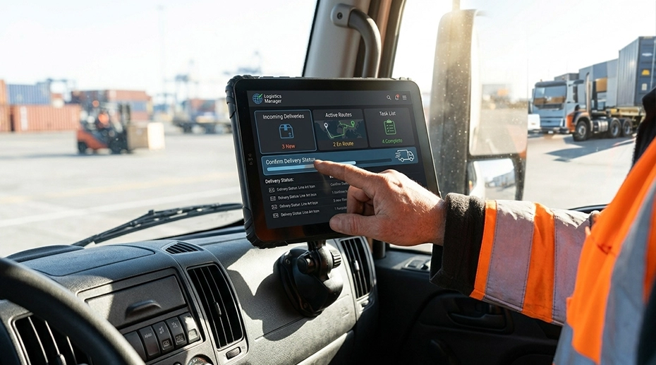 Tablet locked to logistics app with no navigation buttons, driver hand interacting in bright sunlight Tablet locked to logistics app with no navigation buttons, driver hand interacting in bright sunlight