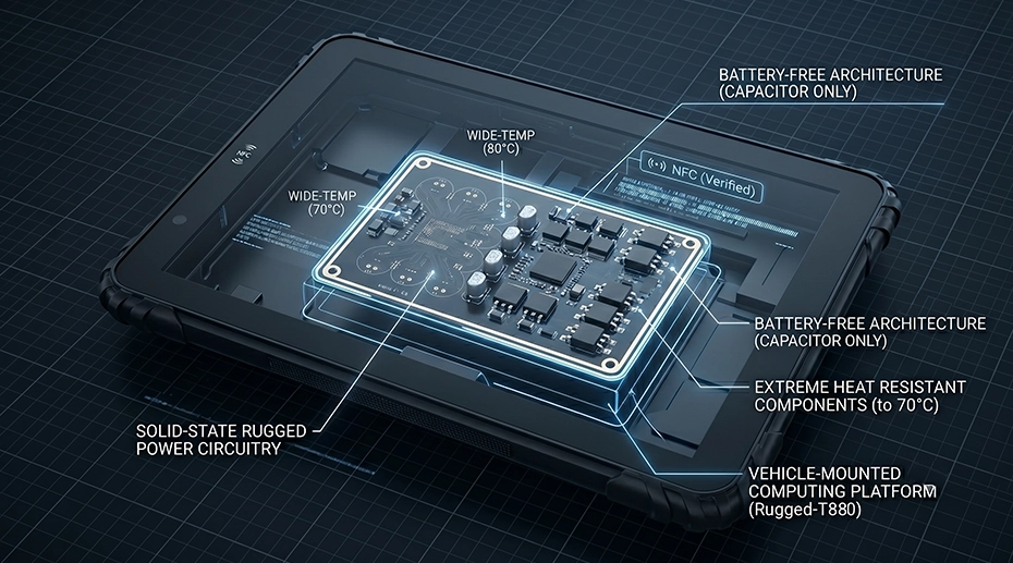 CAD 3D diagram of a battery-free power circuit designed for wide-temperature rugged tablets to withstand vehicle cabin heat.