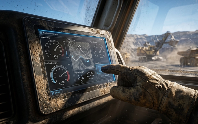 Heavy mining equipment cab with fixed-mount rugged Panel PC using aviation connectors for extreme vibration environments
