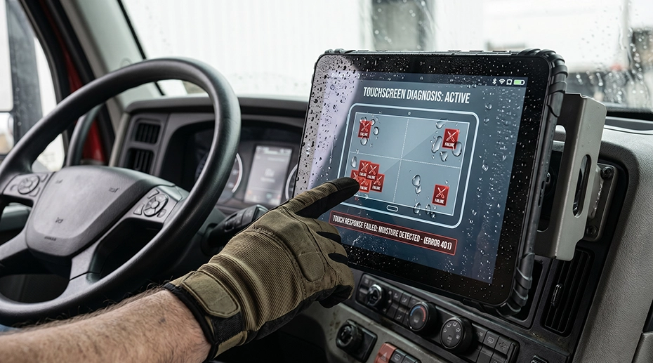 Rain droplets and condensation on capacitive tablet touchscreen causing false touch signals and unresponsive screen in wet vehicle cabin environment