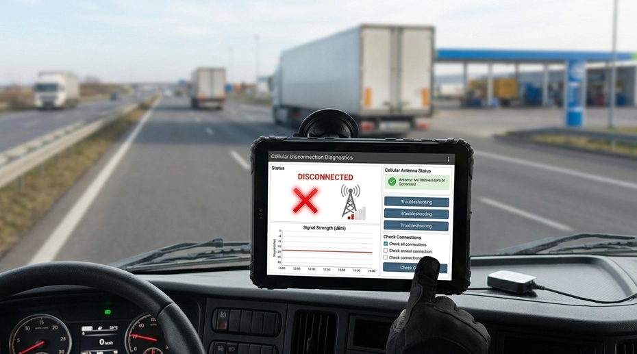 Rugged fleet tablet with external cellular antenna mounted in truck cab displaying signal strength diagnostic screen — cellular disconnection troubleshooting for vehicle deployments
