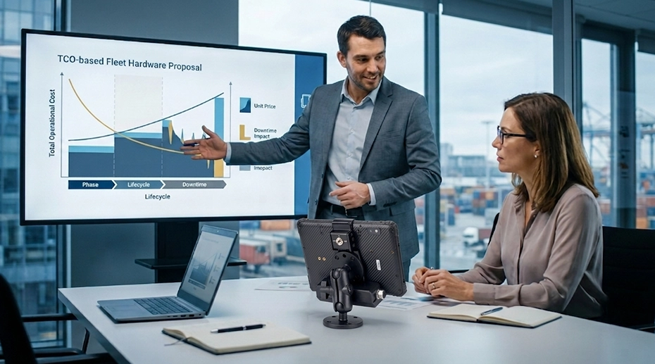 System integrator presenting TCO-based fleet hardware proposal to client — shifting the conversation from unit price to total operational cost with lifecycle data and downtime analysis