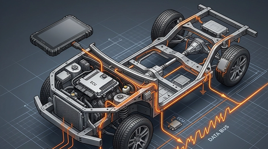 Rugged MDT tablet with isolated CAN Bus interface for ground-loop-resistant vehicle telematics and fleet data logging