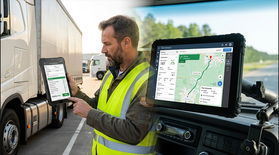 Rugged fleet tablet with quick-release dock demonstrating one-tablet-multiple-vehicle architecture for fleet CapEx reduction