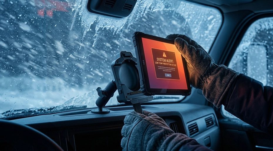 MDT865 17mm slim rugged Android tablet undocking from vehicle mount for overnight indoor storage in extreme cold climate fleet deployment