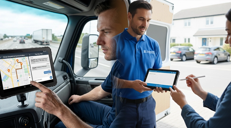 Driver undocking slim 17mm rugged tablet from vehicle mount to scan parcel and capture signature at delivery stop, eliminating separate handheld device