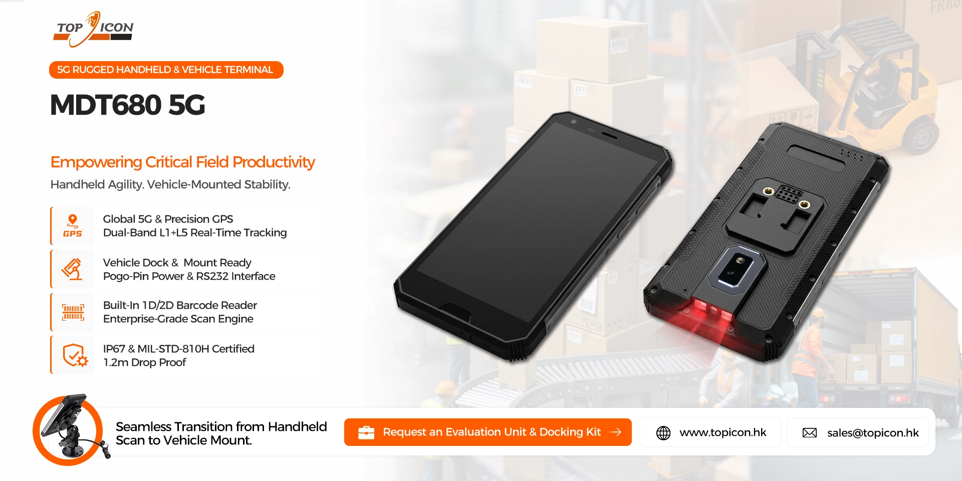 The MDT680 rugged 5G handheld terminal delivers 40MP autofocus, built-in 1D/2D barcode reader, NFC, 128GB UFS2.2, and MIL-STD-810H drop resistance. Android 14/16 with MDM-ready deployment.