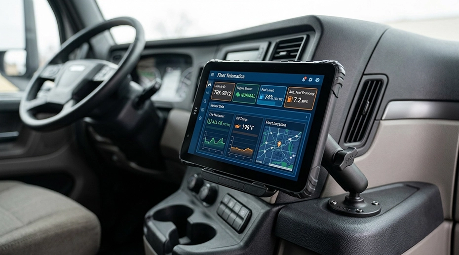 Fleet tablet automatically enrolling into MDM via zero-touch enrollment upon first network connection without technician intervention