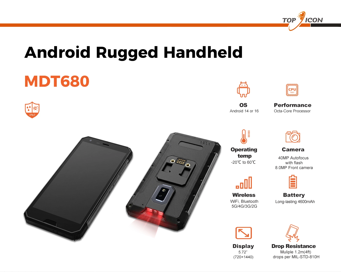 MDT680 5G rugged Android handheld terminal front view with 5.7-inch display and 40MP rear camera