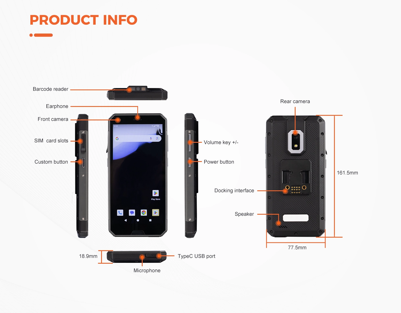 MDT680 5G handheld terminal rear view showing built-in 1D/2D barcode scanner and NFC reader access