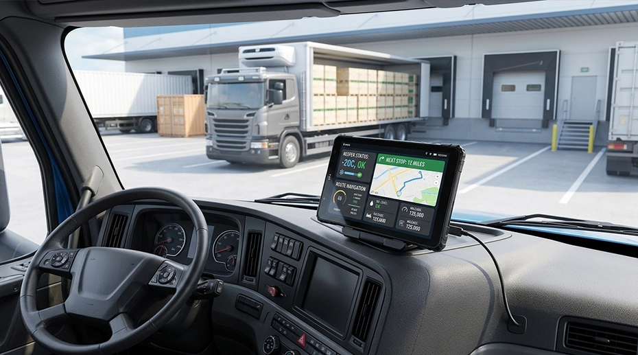 Rugged truck tablet in refrigerated fleet cab monitoring temperature via CAN Bus J1939 and RS232 wired sensor integration for cold chain compliance