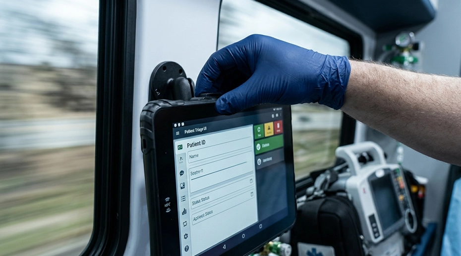 Rugged tablet mounted in ambulance patient compartment for paramedic data entry and hospital telemetry