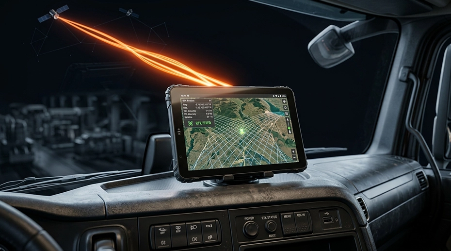 Dual-band GNSS and RTK precision technology integrated into a rugged fleet tablet for heavy-duty trucks