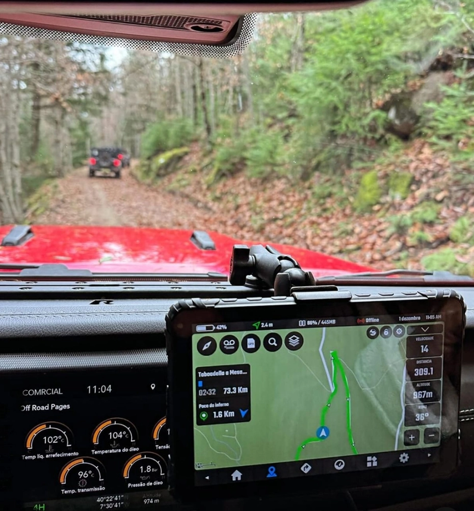 MDT880 rugged tablet mounted in UTV dashboard for off-grid search and rescue navigation with offline contour maps